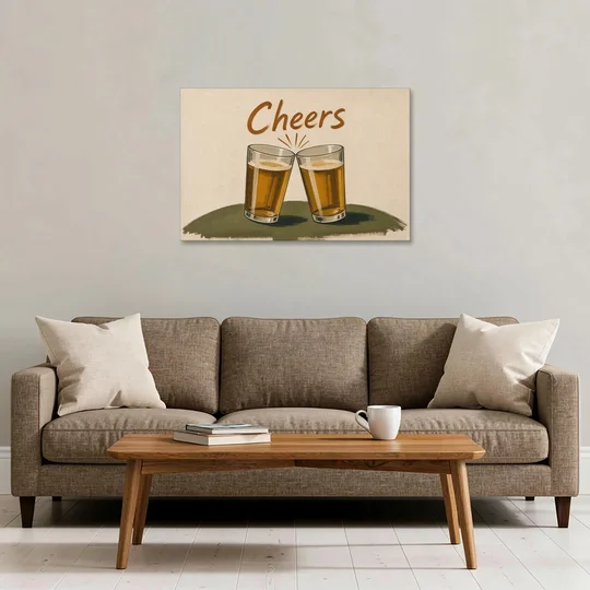 Beer Poster Cheers with Two Pint Glasses - Canvas Wall Art - Sofa - 36x24