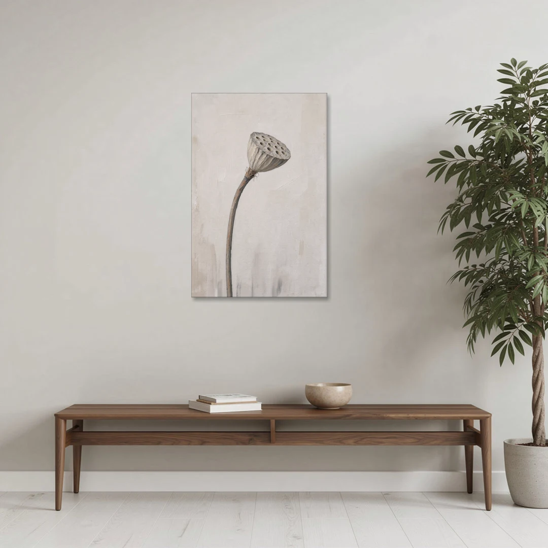 Beige Abstract Canvas Art with a Dried Lotus Pod - Canvas Wall Art - Coffee Table - 24x36