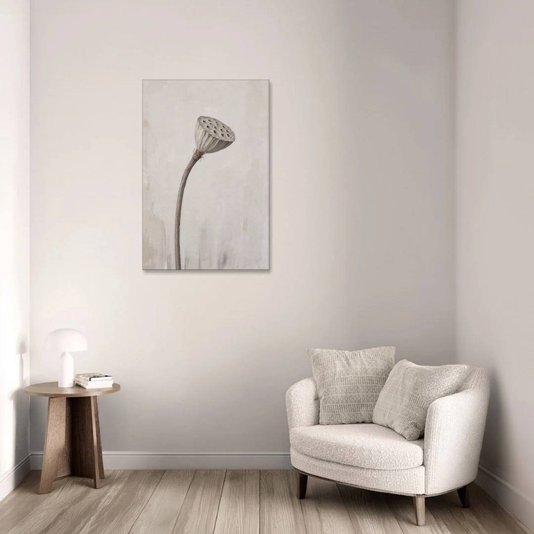Beige Abstract Canvas Art with a Dried Lotus Pod - Canvas Wall Art - Sofa - 24x36