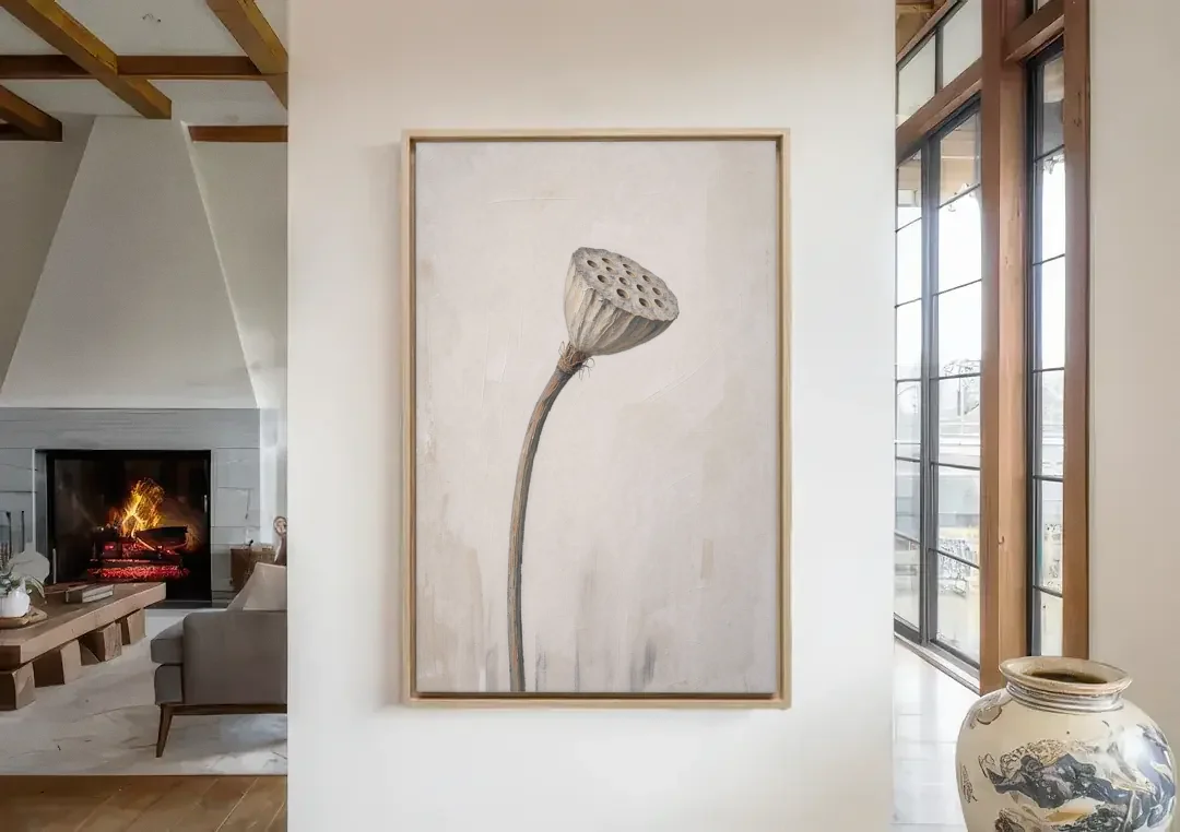 Beige Abstract Canvas Art with a Dried Lotus Pod canvas wall art in a living room with a fireplace