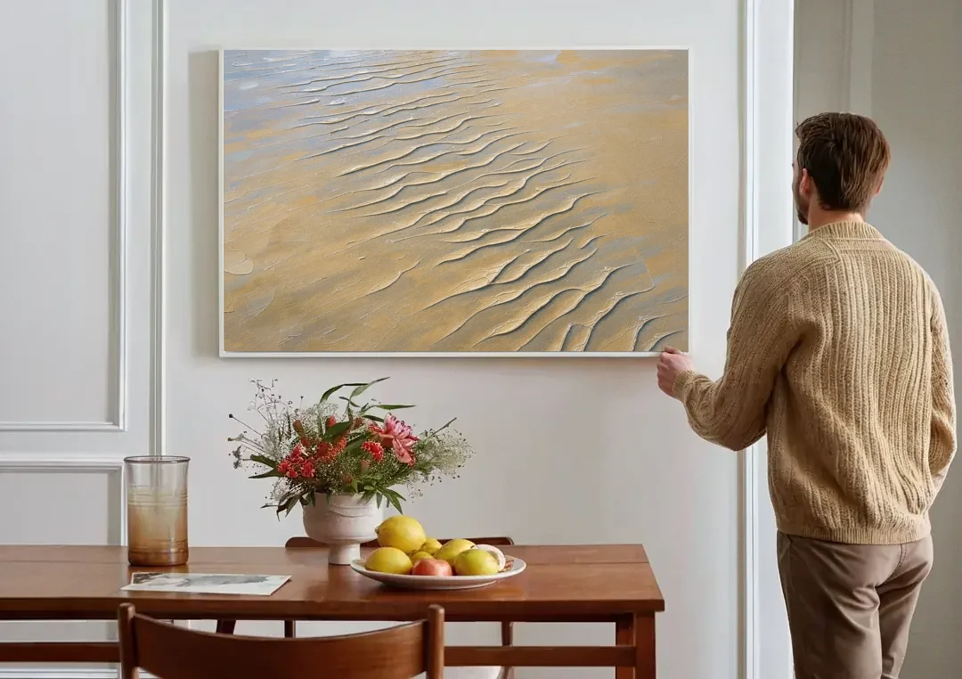 Beige Textured Wall Art of Rippled Tidal Sand canvas wall art above a dining table