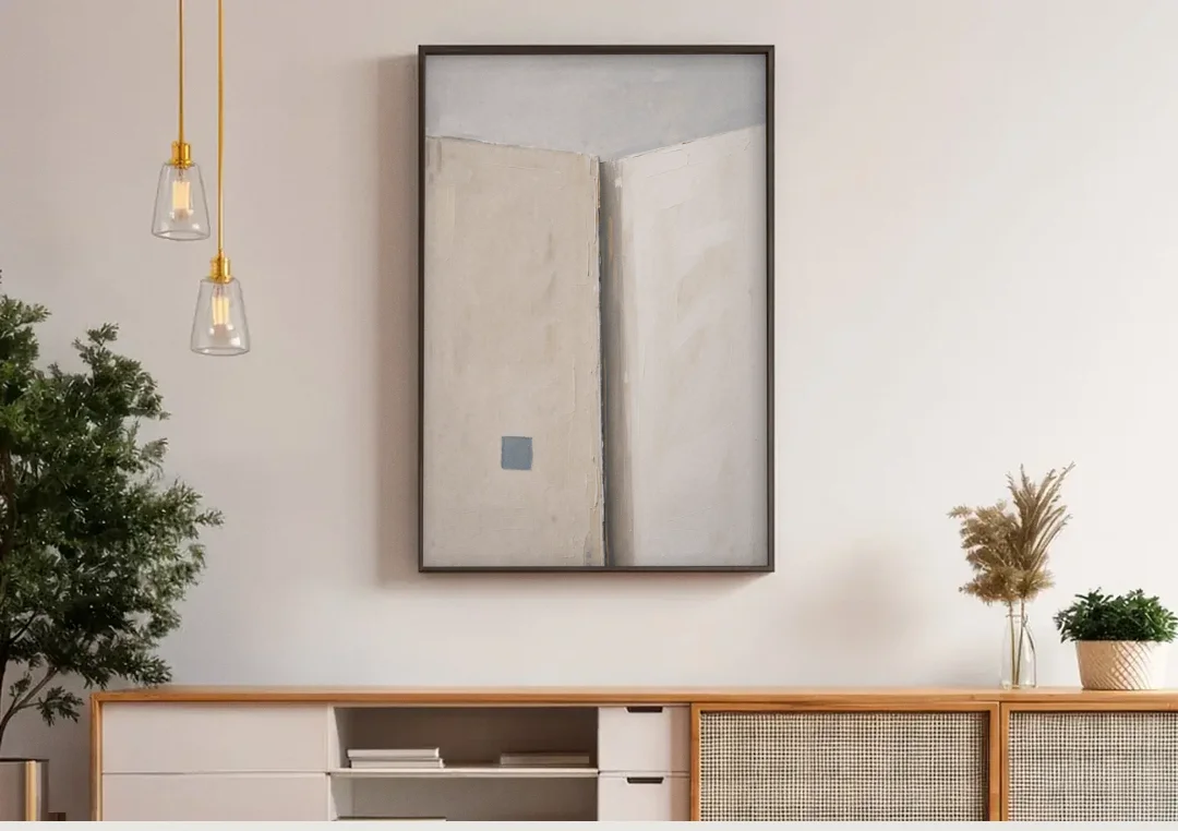 Beige Wall Art Fold with Slate Square canvas wall art above a wooden sideboard under pendant lights
