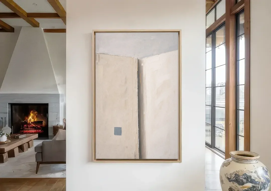 Beige Wall Art Fold with Slate Square canvas wall art in a living room with a fireplace