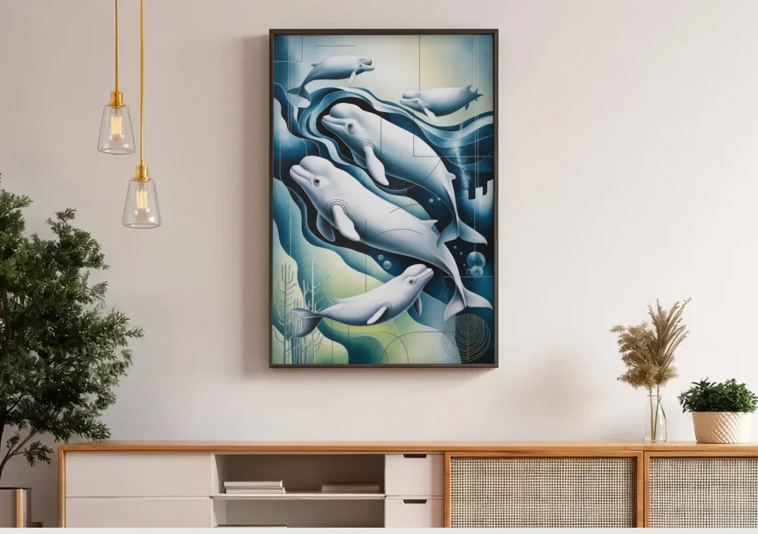Beluga Waters canvas wall art above a wooden sideboard under pendant lights
