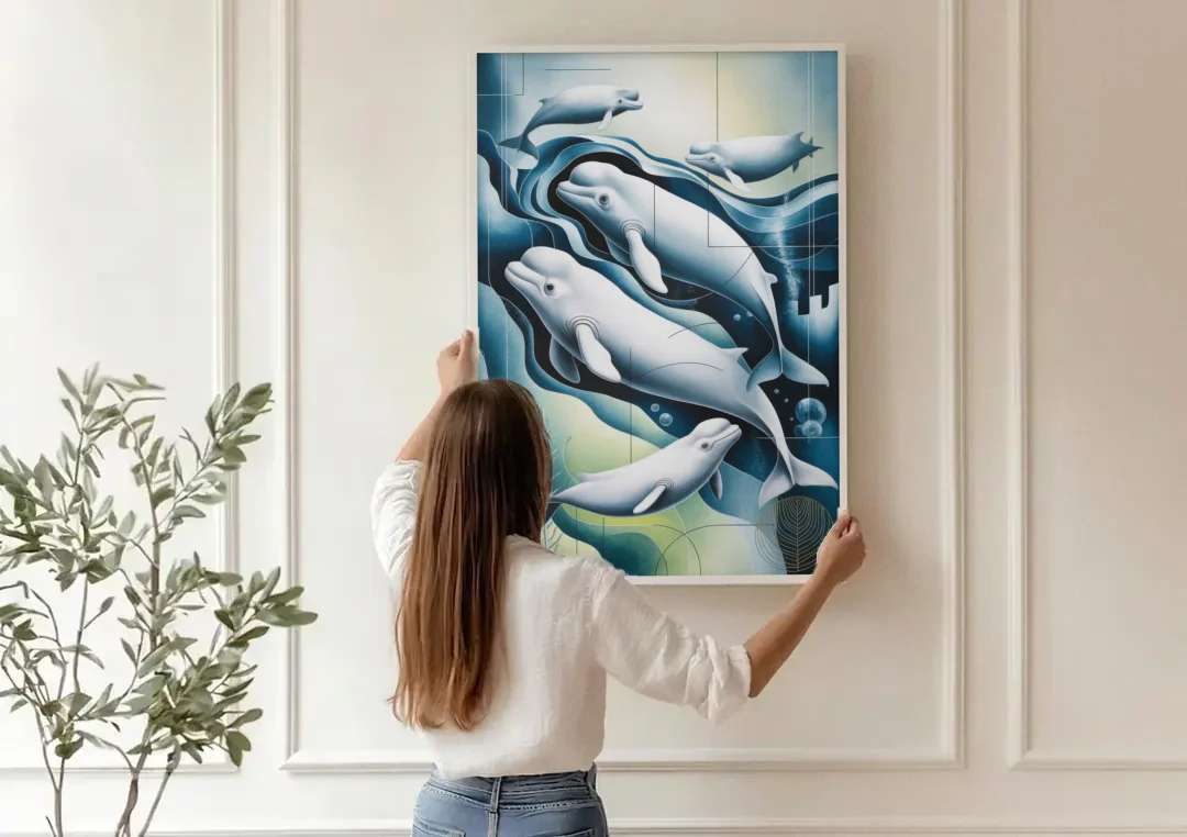 Beluga Waters canvas wall art being hung on a paneled wall