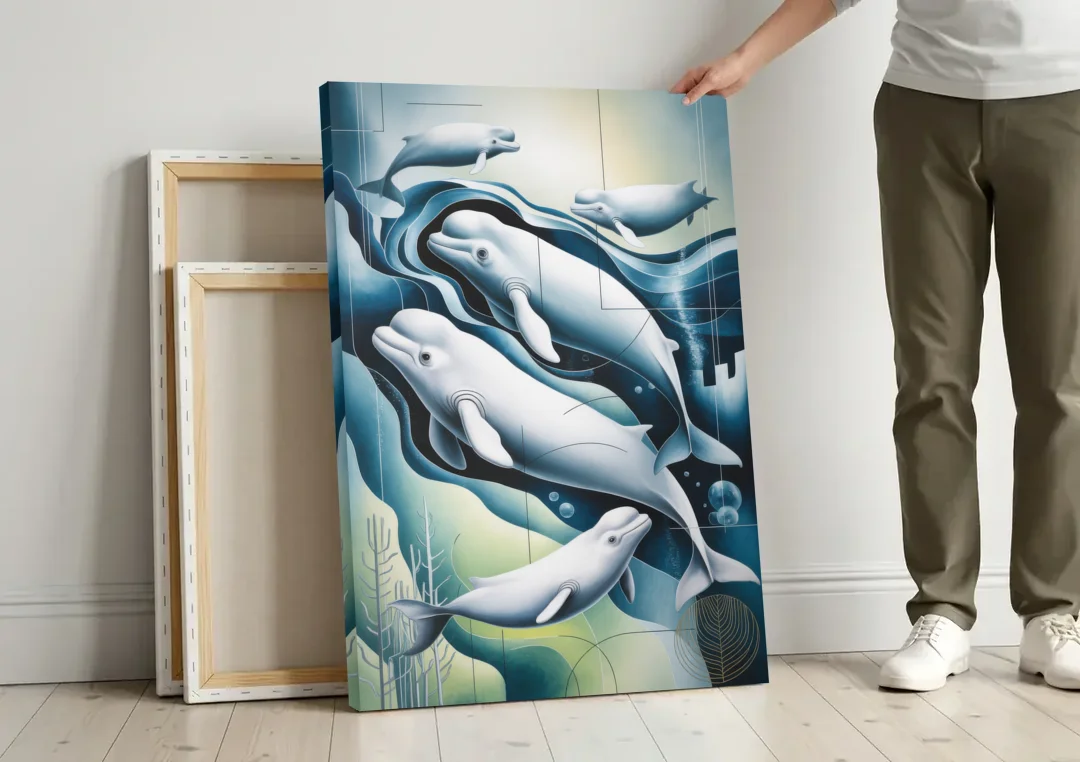 Beluga Waters canvas wall art leaning against a wall next to blank canvases
