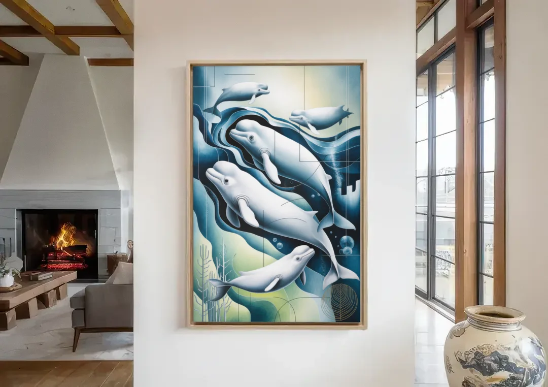 Beluga Waters canvas wall art in a living room with a fireplace