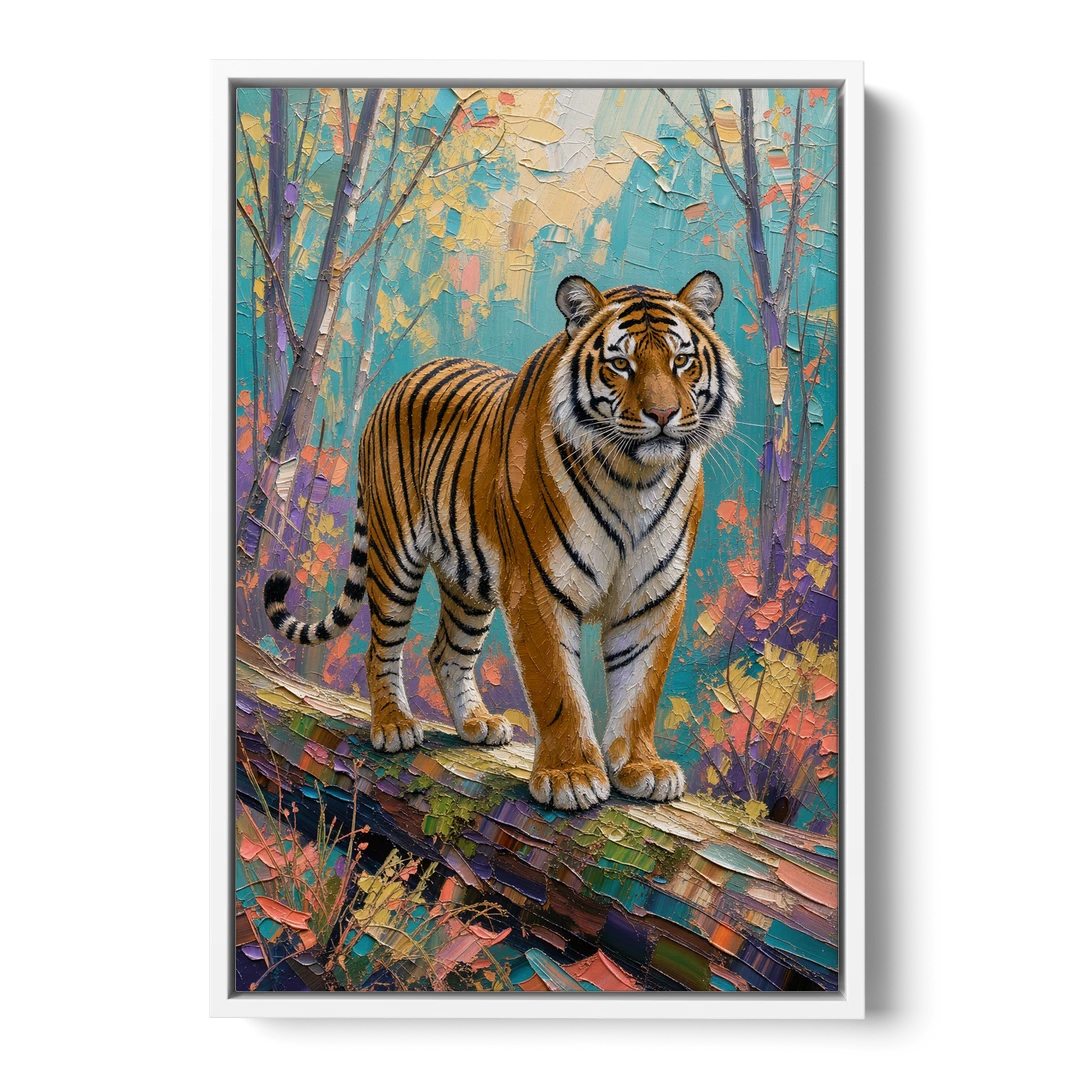 Bengal Tiger on the Mossy Log for the Living Room - White Framed Canvas Wall Art - Front