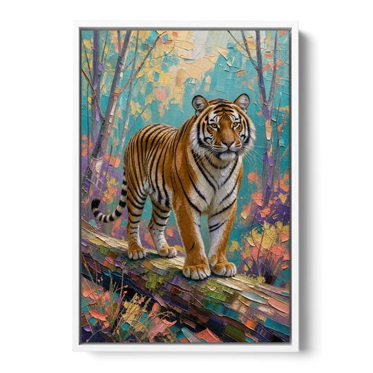 Bengal Tiger on the Mossy Log for the Living Room - White Framed Canvas Wall Art - Front