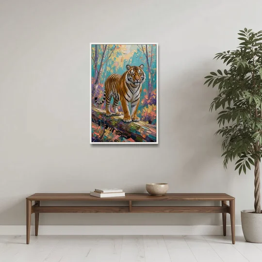 Bengal Tiger on the Mossy Log for the Living Room - White Framed Canvas Wall Art - Coffee Table - 24x36