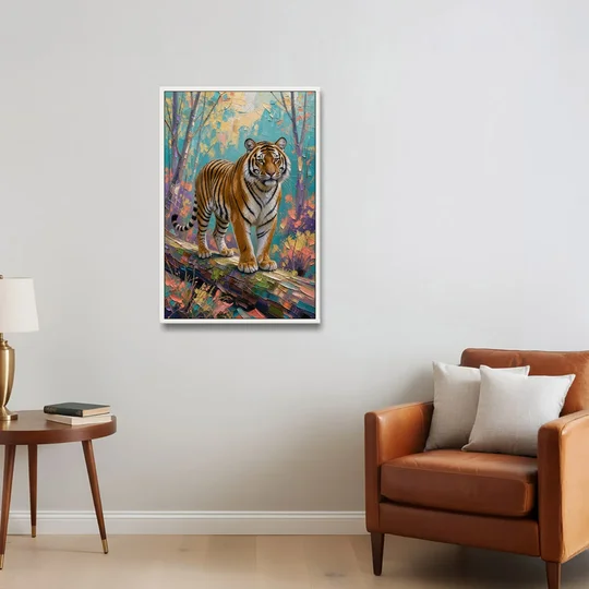 Bengal Tiger on the Mossy Log for the Living Room - White Framed Canvas Wall Art - Sofa - 24x36