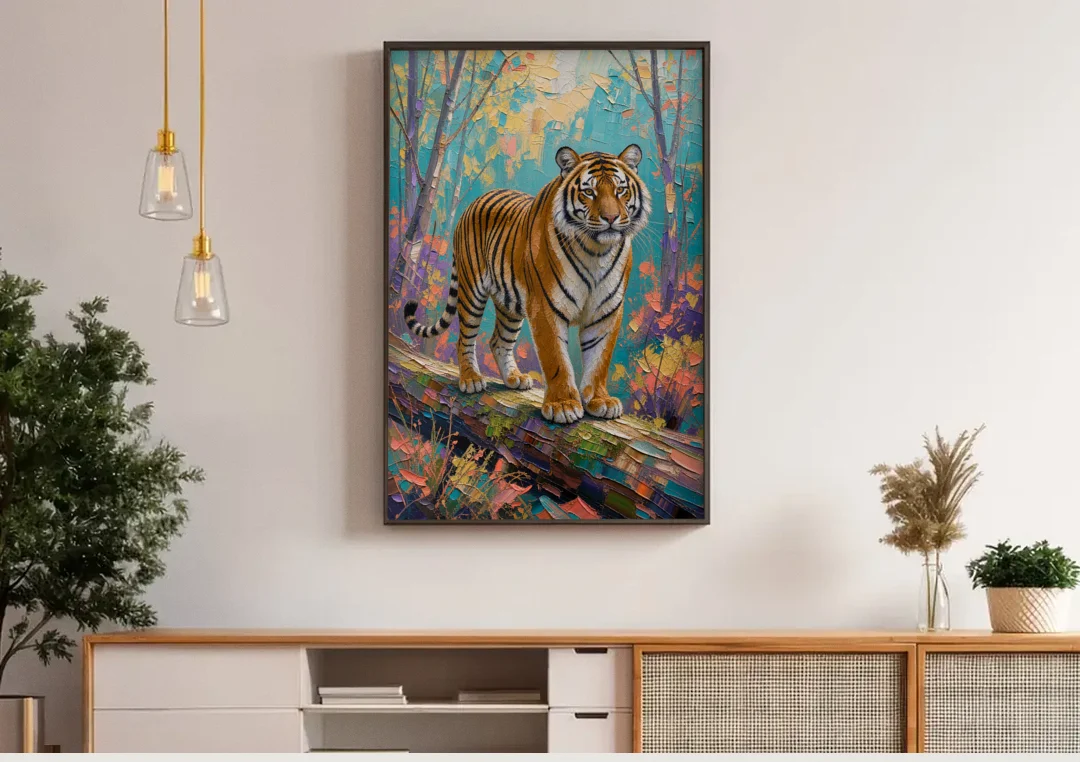 Bengal Tiger on the Mossy Log for the Living Room canvas wall art above a wooden sideboard under pendant lights
