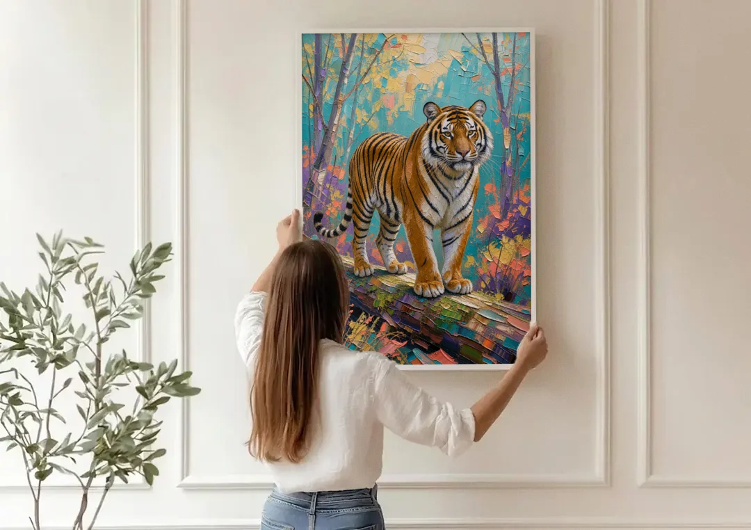 Bengal Tiger on the Mossy Log for the Living Room canvas wall art being hung on a paneled wall