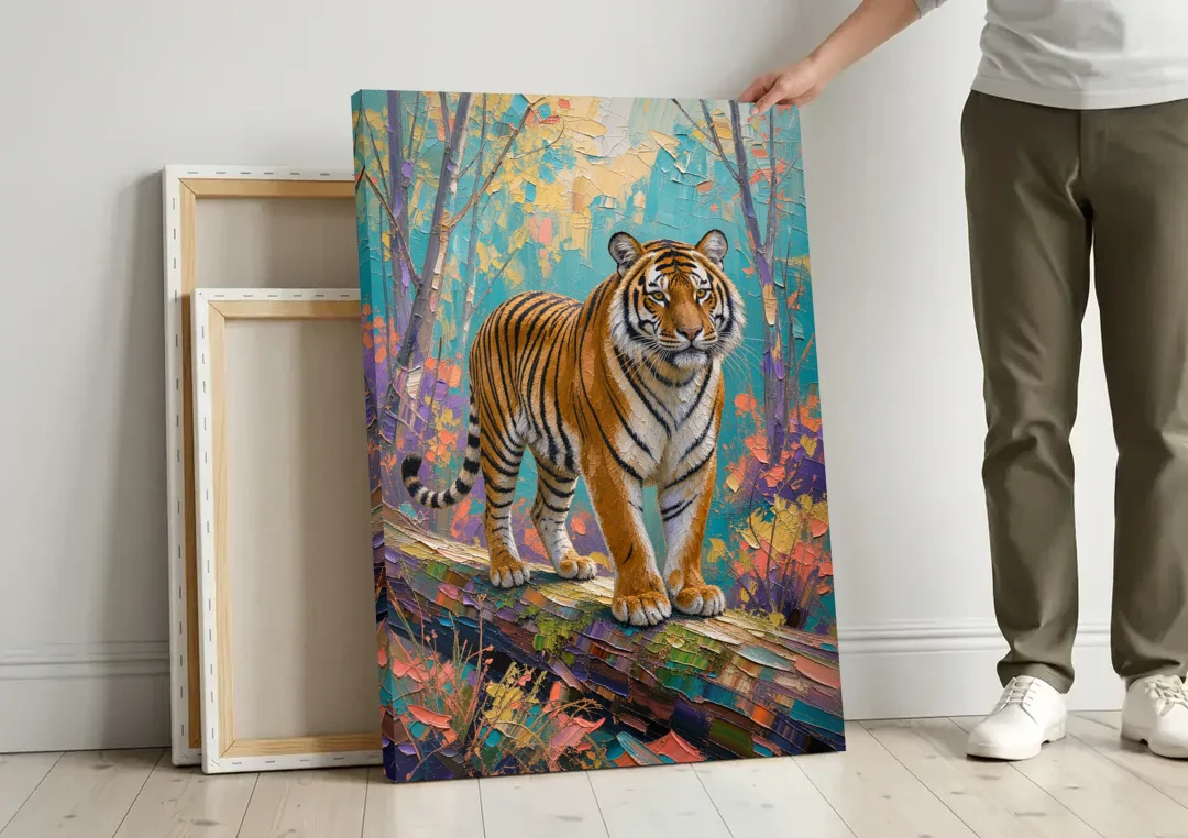 Bengal Tiger on the Mossy Log for the Living Room canvas wall art leaning against a wall next to blank canvases