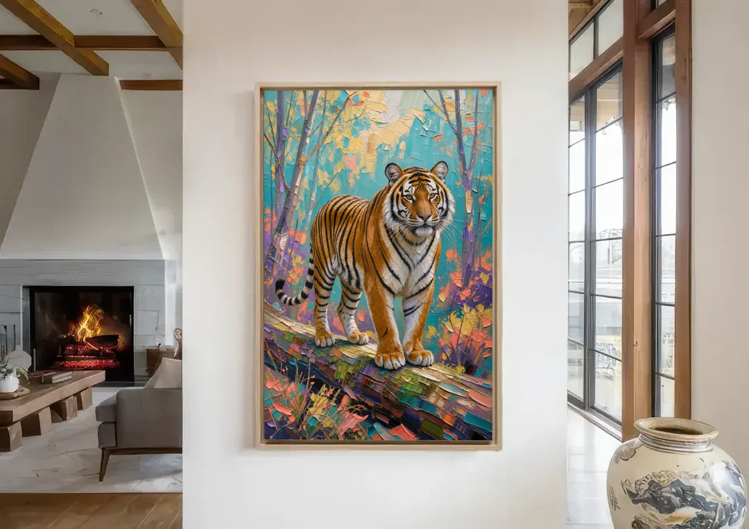 Bengal Tiger on the Mossy Log for the Living Room canvas wall art in a living room with a fireplace