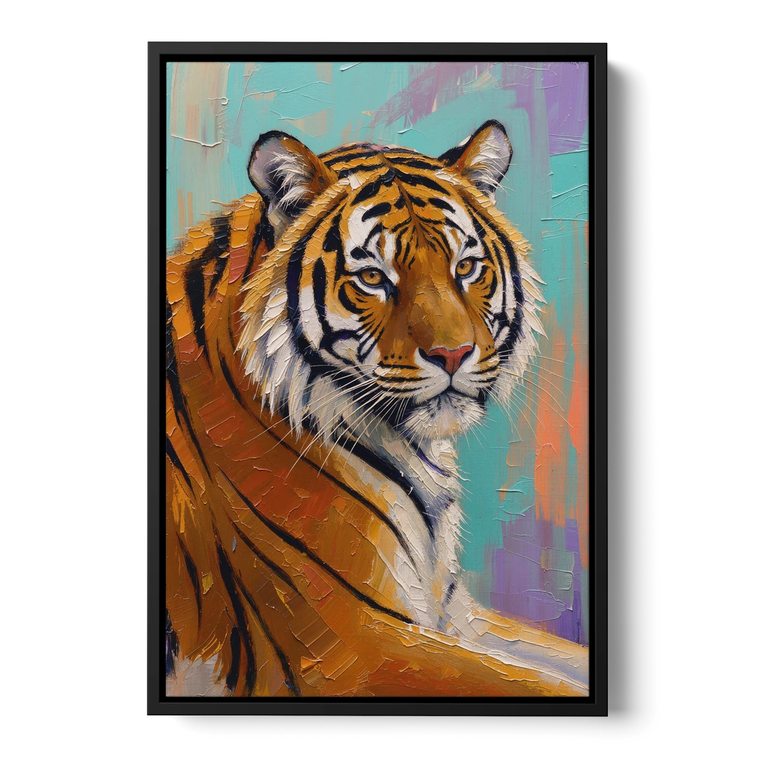 Bengal Tiger Painting Over the Shoulder - Black Framed Canvas Wall Art - Front