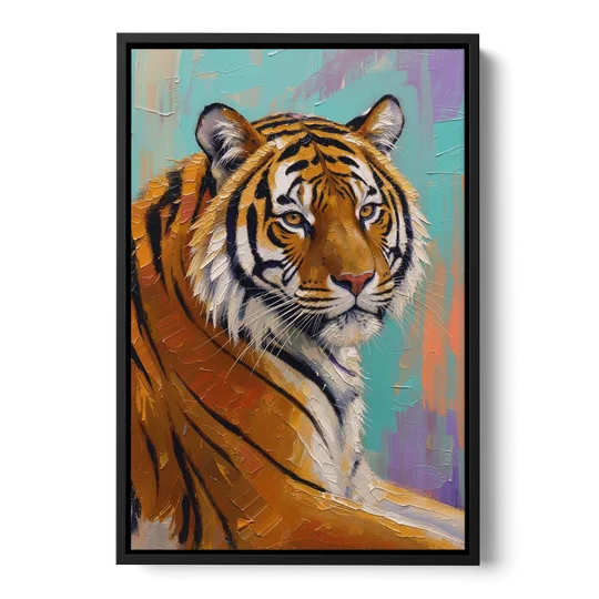 Bengal Tiger Painting Over the Shoulder - Black Framed Canvas Wall Art - Front