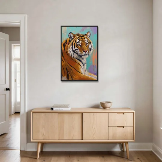 Bengal Tiger Painting Over the Shoulder - Black Framed Canvas Wall Art - Coffee Table - 24x36