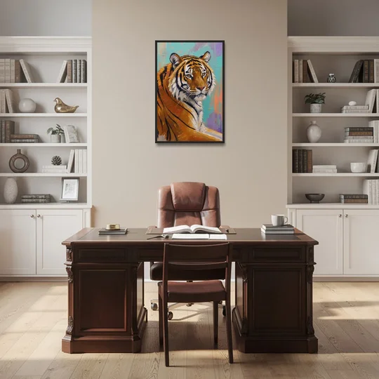 Bengal Tiger Painting Over the Shoulder - Black Framed Canvas Wall Art - Office - 24x36
