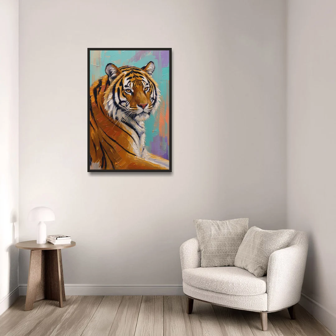 Bengal Tiger Painting Over the Shoulder - Black Framed Canvas Wall Art - Sofa - 24x36
