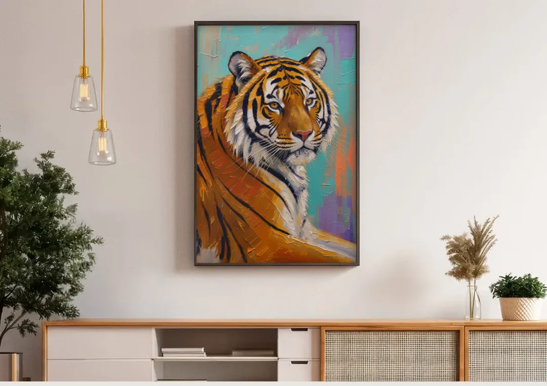 Bengal Tiger Painting Over the Shoulder canvas wall art above a wooden sideboard under pendant lights