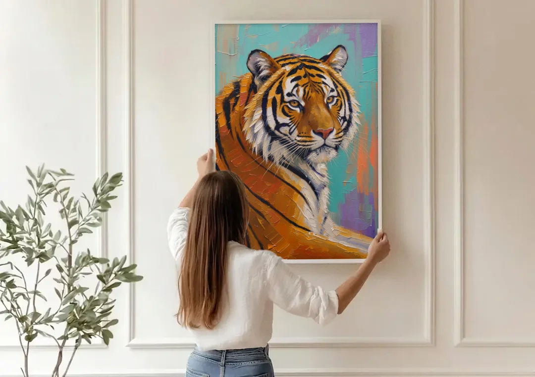 Bengal Tiger Painting Over the Shoulder canvas wall art being hung on a paneled wall