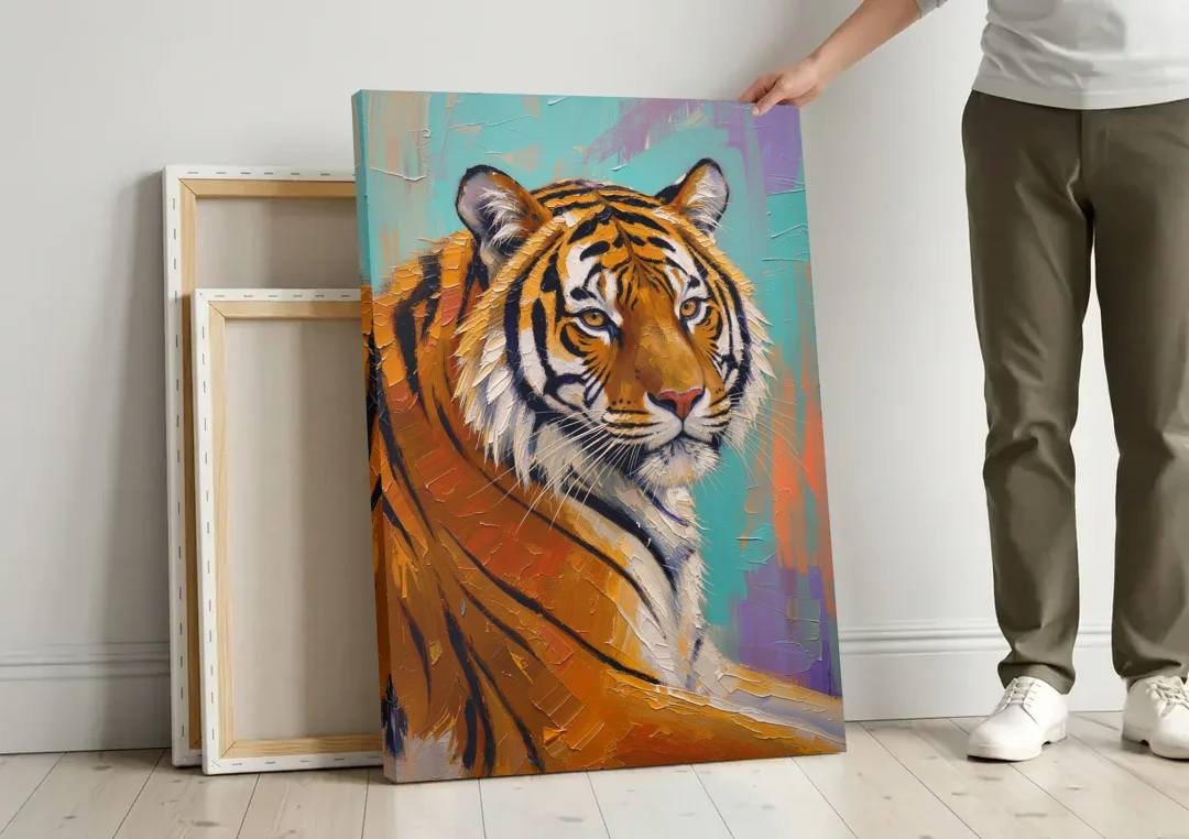 Bengal Tiger Painting Over the Shoulder canvas wall art leaning against a wall next to blank canvases