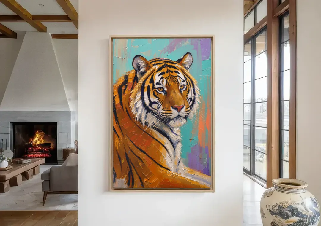 Bengal Tiger Painting Over the Shoulder canvas wall art in a living room with a fireplace