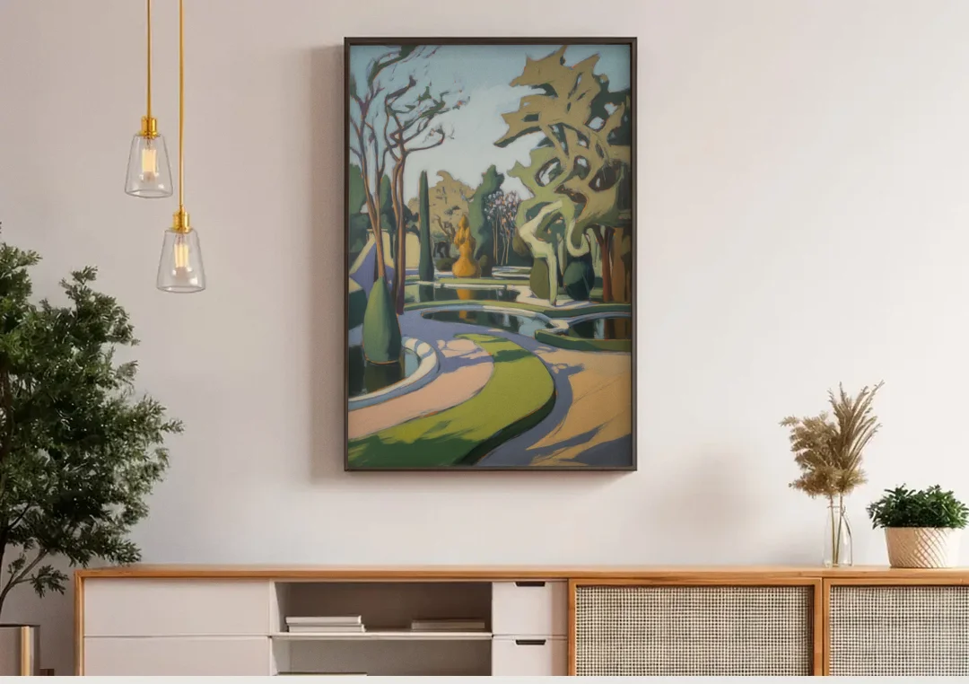 Benrath Palace Gardens canvas wall art above a wooden sideboard under pendant lights