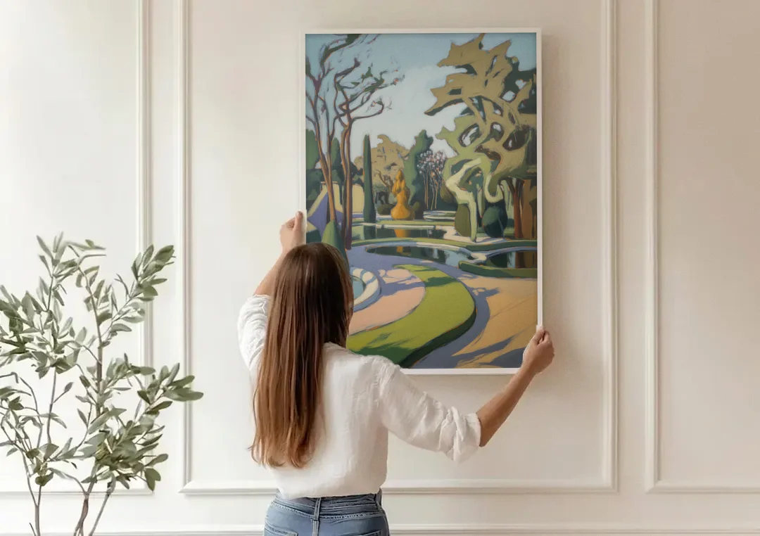 Benrath Palace Gardens canvas wall art being hung on a paneled wall