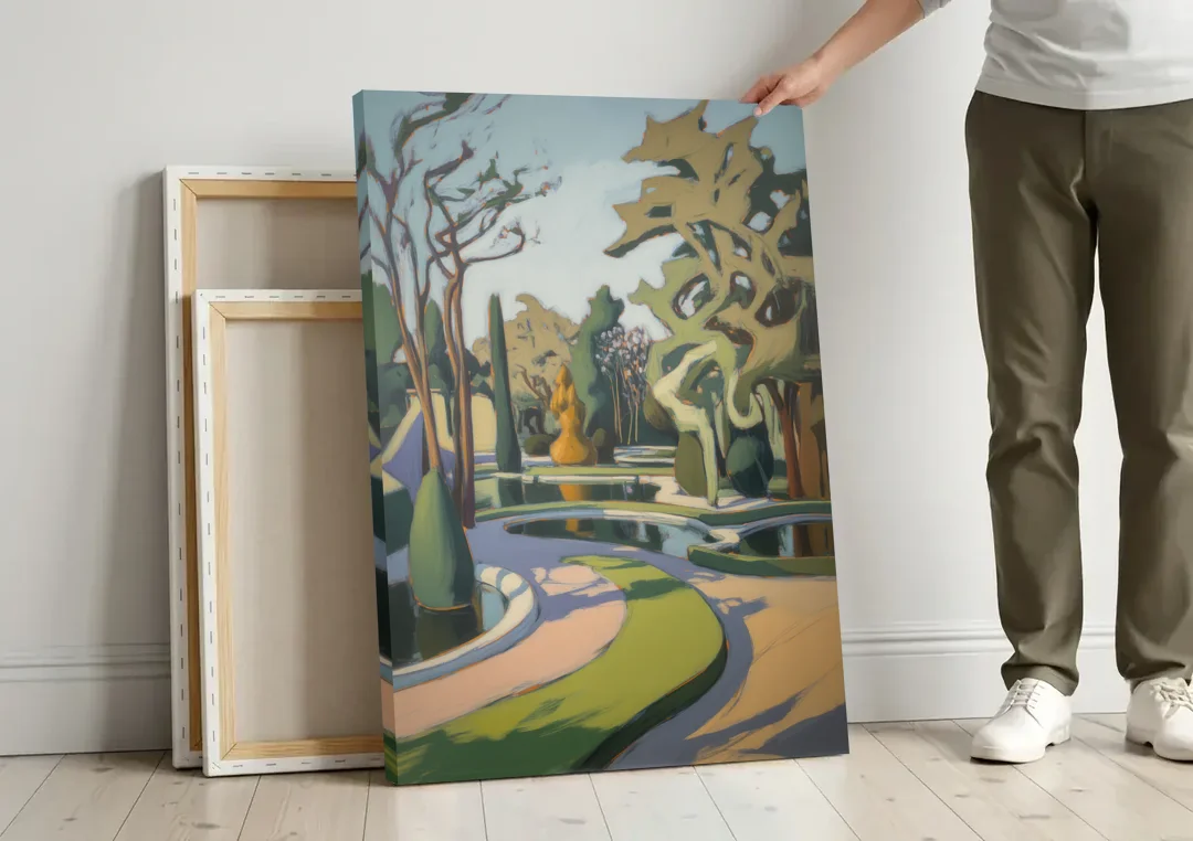 Benrath Palace Gardens canvas wall art leaning against a wall next to blank canvases