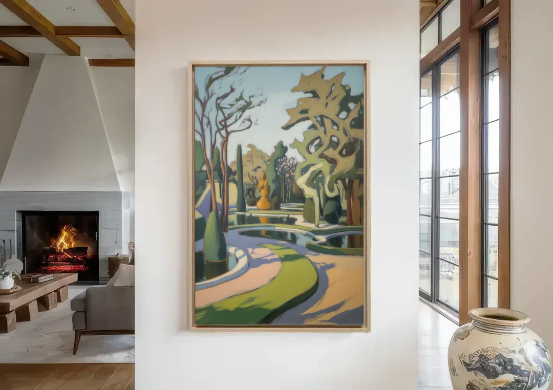 Benrath Palace Gardens canvas wall art in a living room with a fireplace