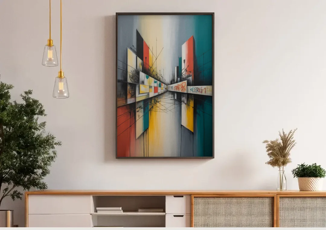 Berlin Wall Echoes canvas wall art above a wooden sideboard under pendant lights