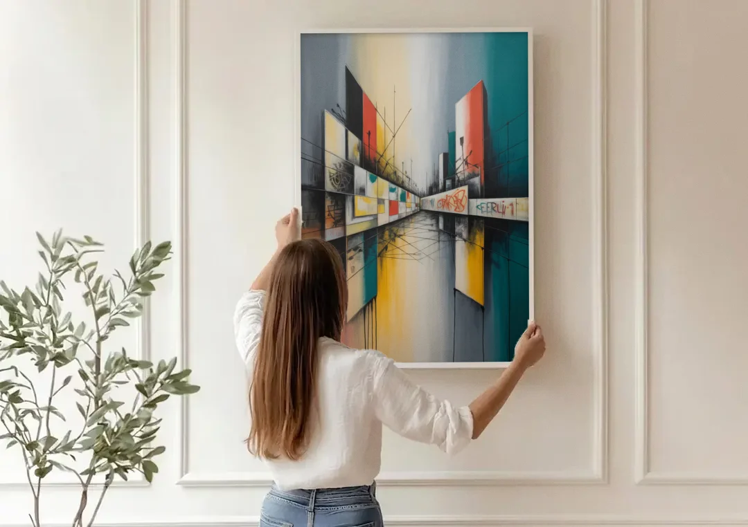 Berlin Wall Echoes canvas wall art being hung on a paneled wall