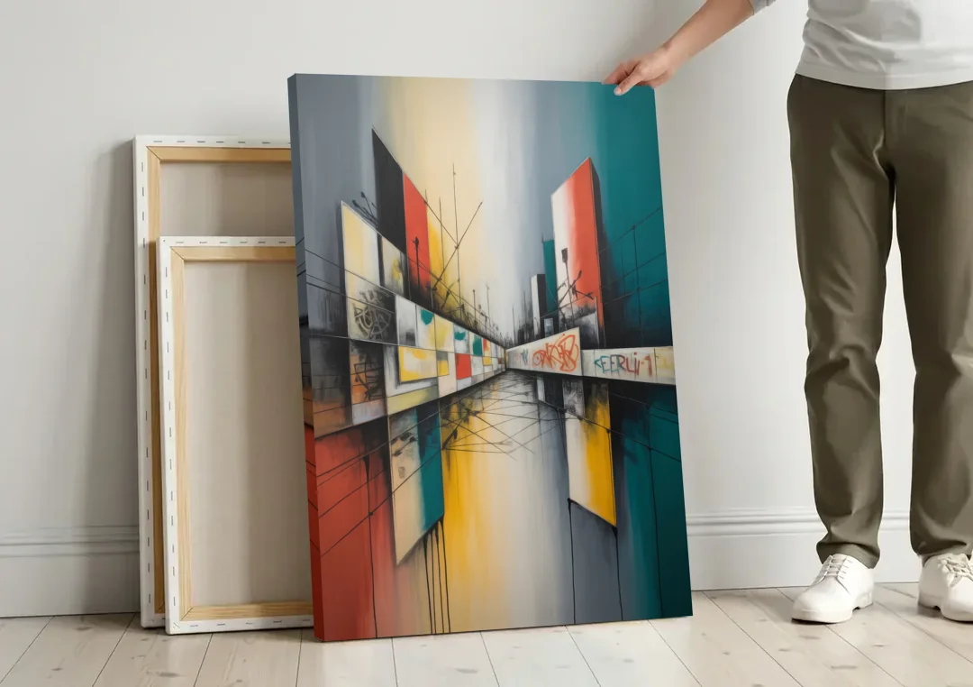 Berlin Wall Echoes canvas wall art leaning against a wall next to blank canvases