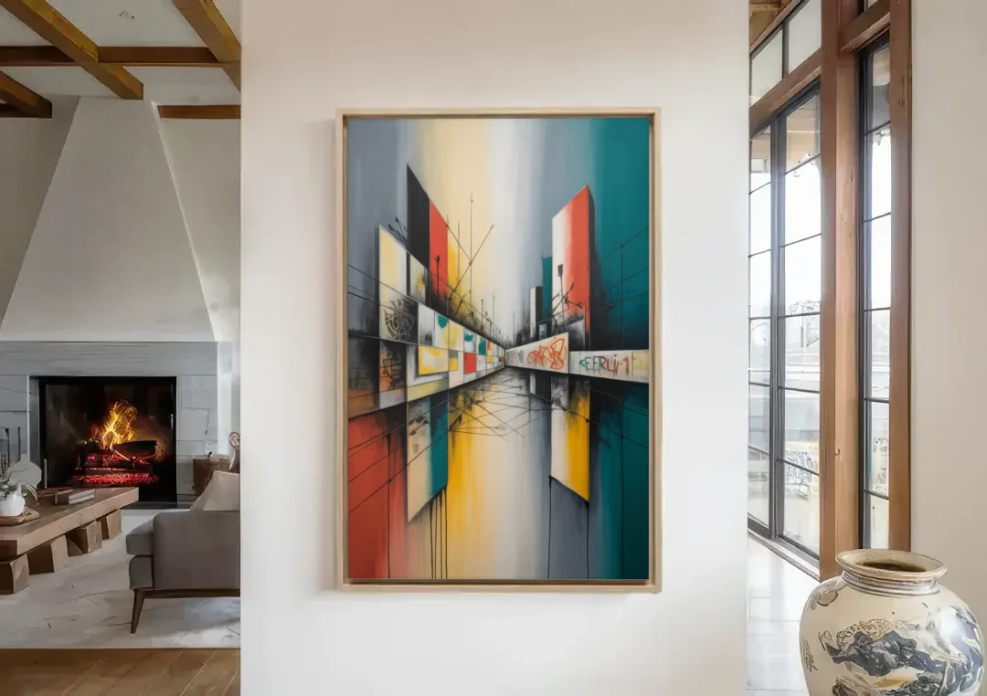 Berlin Wall Echoes canvas wall art in a living room with a fireplace