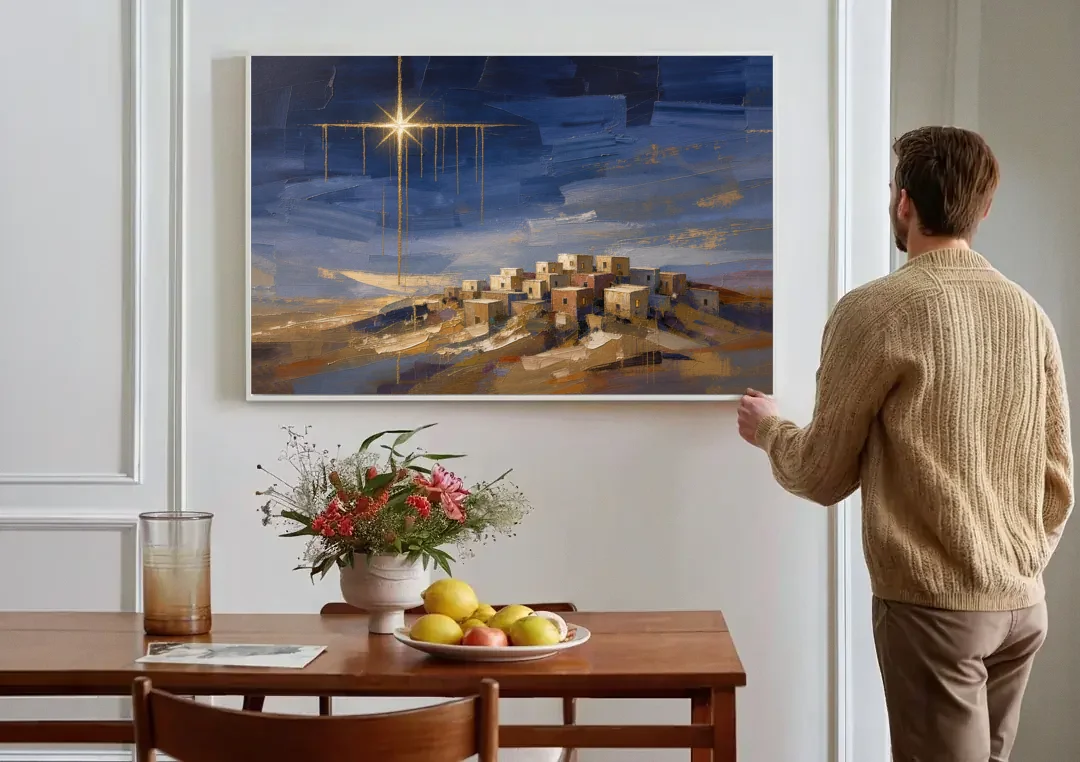 Bethlehem Painting with Sleeping Hilltop Town canvas wall art above a dining table