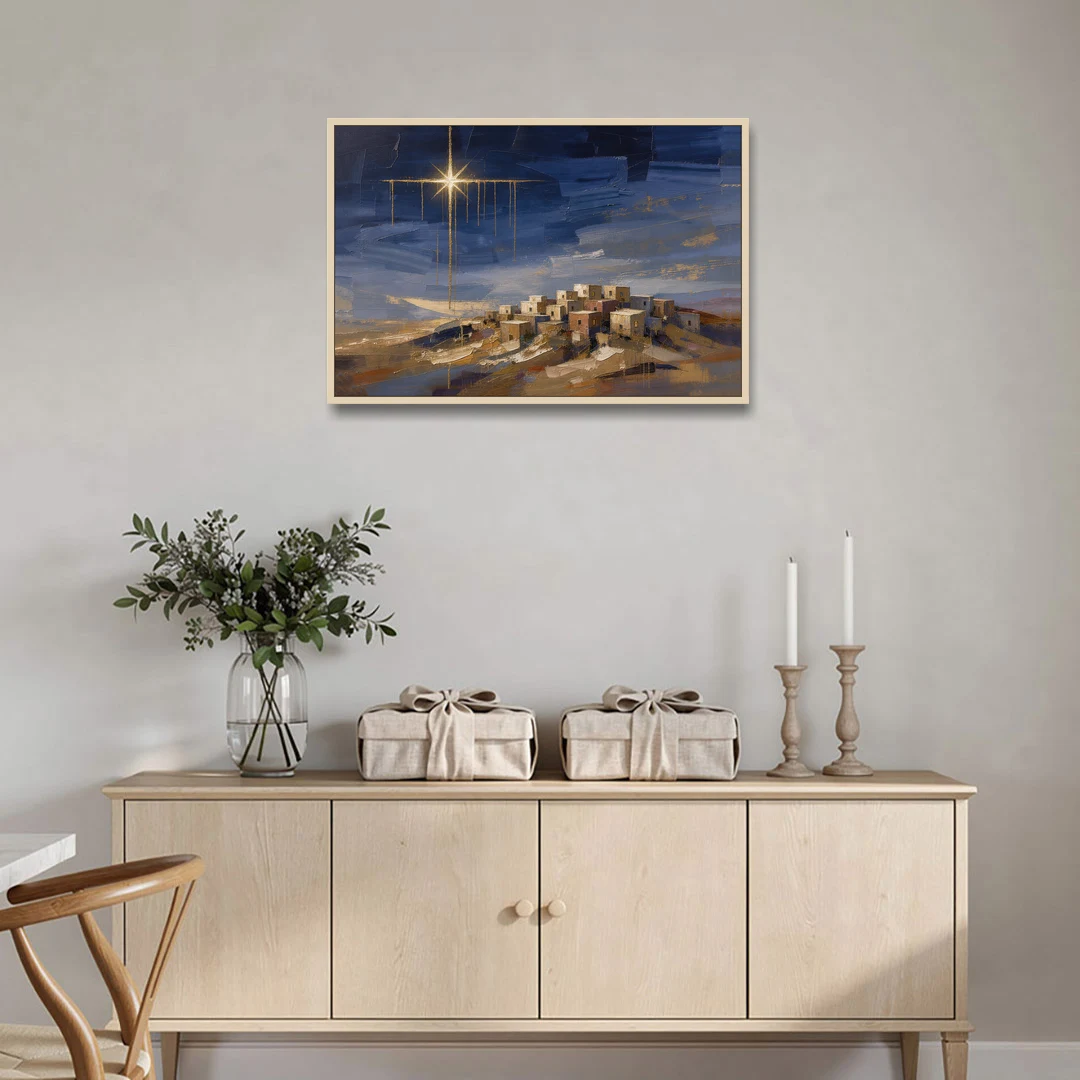 Bethlehem Painting with Sleeping Hilltop Town - Oak Framed Canvas Wall Art - Coffee Table - 36x24