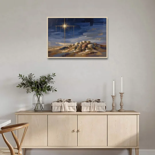 Bethlehem Painting with Sleeping Hilltop Town - Oak Framed Canvas Wall Art - Coffee Table - 36x24