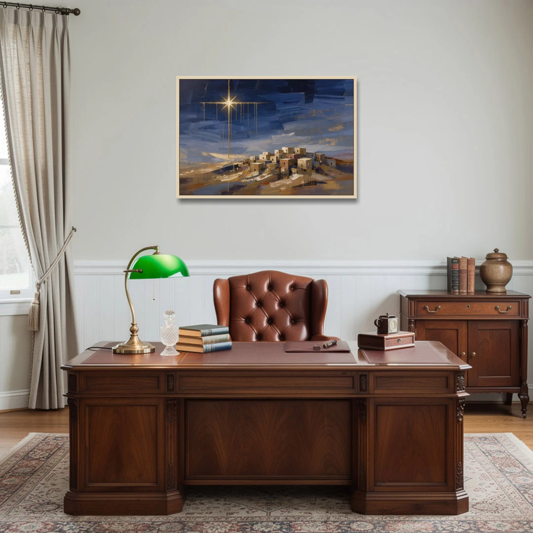 Bethlehem Painting with Sleeping Hilltop Town - Oak Framed Canvas Wall Art - Office - 36x24