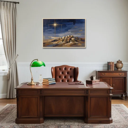 Bethlehem Painting with Sleeping Hilltop Town - Oak Framed Canvas Wall Art - Office - 36x24