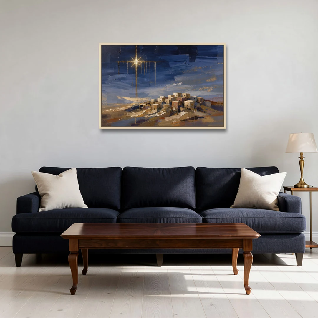Bethlehem Painting with Sleeping Hilltop Town - Oak Framed Canvas Wall Art - Sofa - 36x24