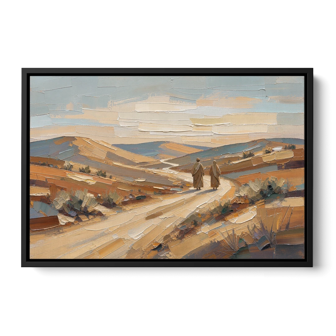 Biblical Wall Art of Two Walking the Judean Road - Black Framed Canvas Wall Art - Front