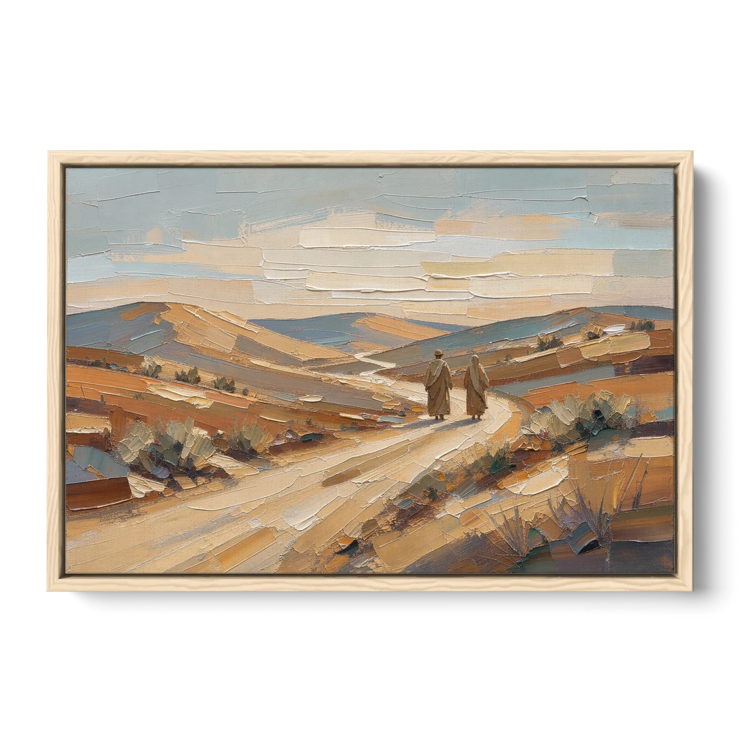 Biblical Wall Art of Two Walking the Judean Road - Oak Framed Canvas Wall Art - Front