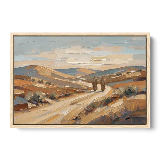 Biblical Wall Art of Two Walking the Judean Road - Oak Framed Canvas Wall Art - Front