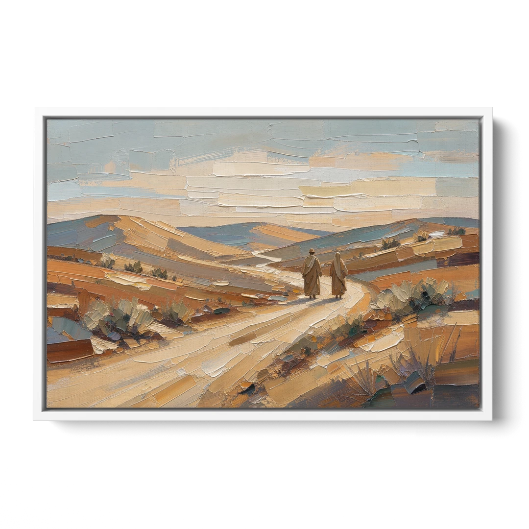 Biblical Wall Art of Two Walking the Judean Road - White Framed Canvas Wall Art - Front