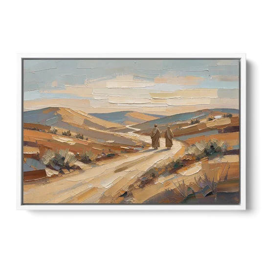 Biblical Wall Art of Two Walking the Judean Road - White Framed Canvas Wall Art - Front
