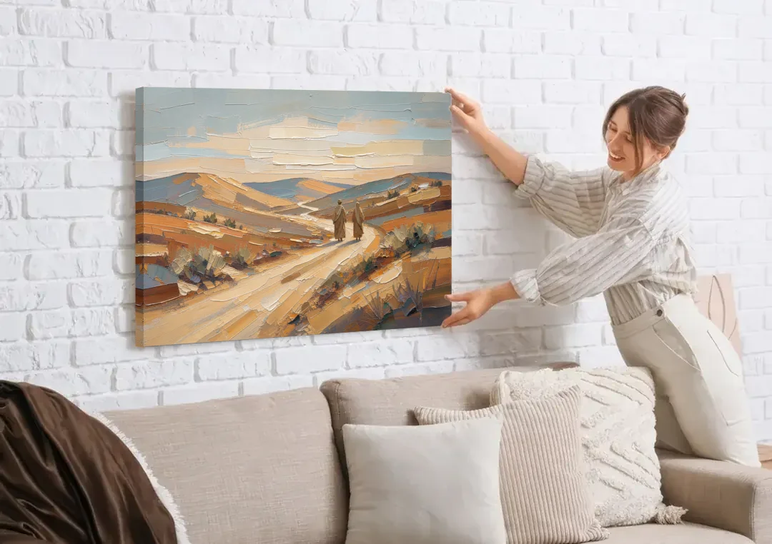Biblical Wall Art of Two Walking the Judean Road canvas wall art being hung on a white brick wall above a sofa