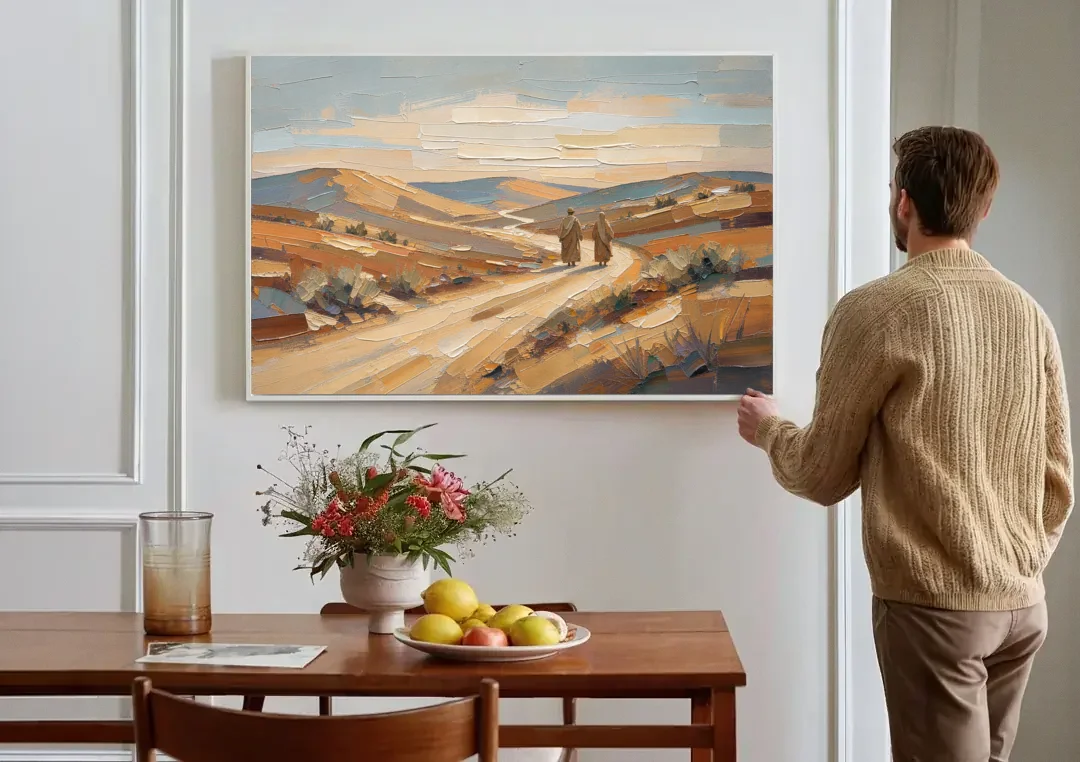Biblical Wall Art of Two Walking the Judean Road canvas wall art above a dining table
