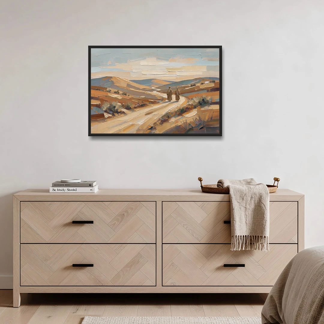 Biblical Wall Art of Two Walking the Judean Road - Black Framed Canvas Wall Art - Coffee Table - 36x24